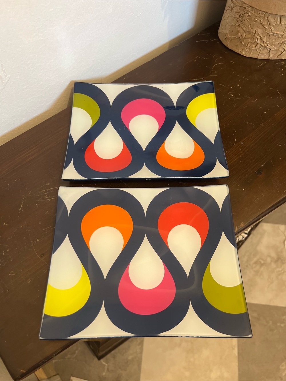 Jonathan Adler Retro Navy Glass Trays with Pink Orange Yellow Accents